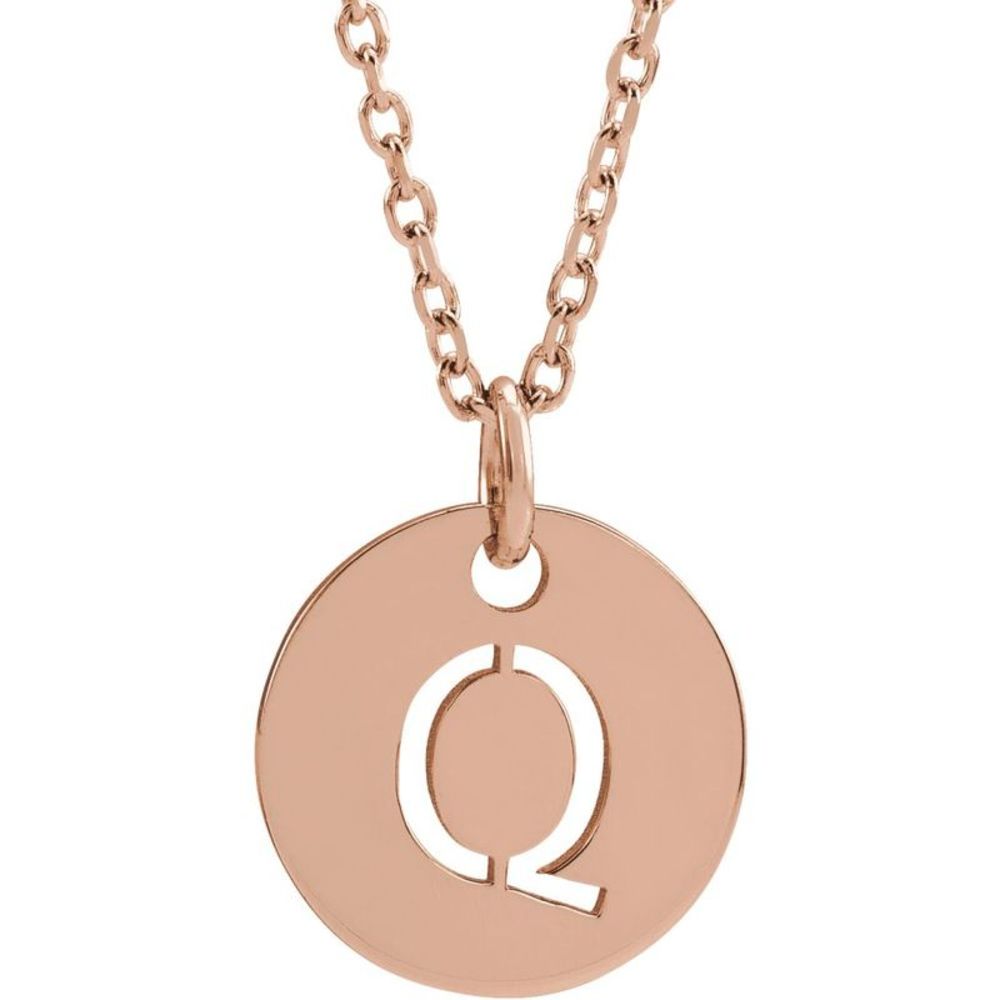 14k Rose Gold Initial Q, Small 10mm Pierced Disc Necklace, 16-18 Inch